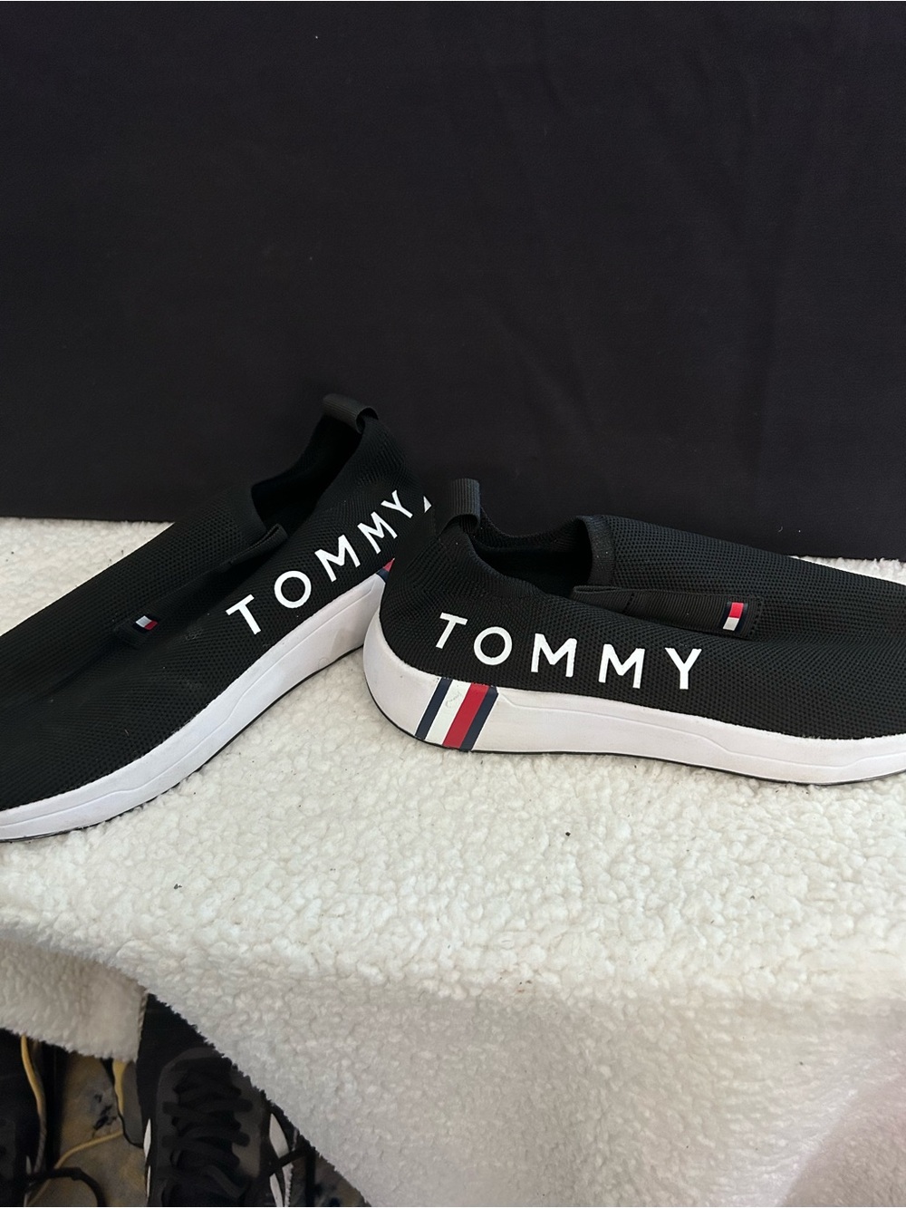 Tommy Hilfiger Black Slip-On Sneakers with Red & Navy Stripe